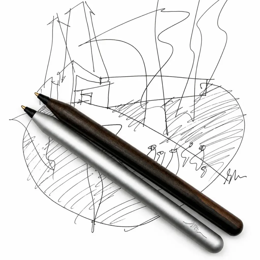 The Lebond Moneo and Souto Moura pens, architect-designed writing instruments, resting on an architectural sketch