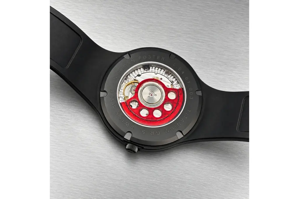 Lebond Norman Foster Black Edition custom red rotor through sapphire caseback