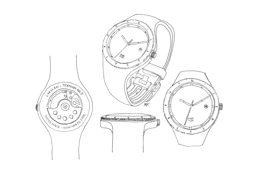 Norman Foster sketch of the Lebond Norman Foster dial, case and clasp