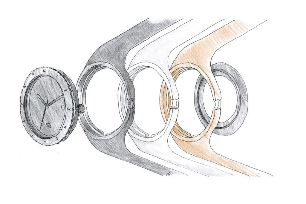 Exploded drawing of the Lebond Norman Foster case and integrated strap